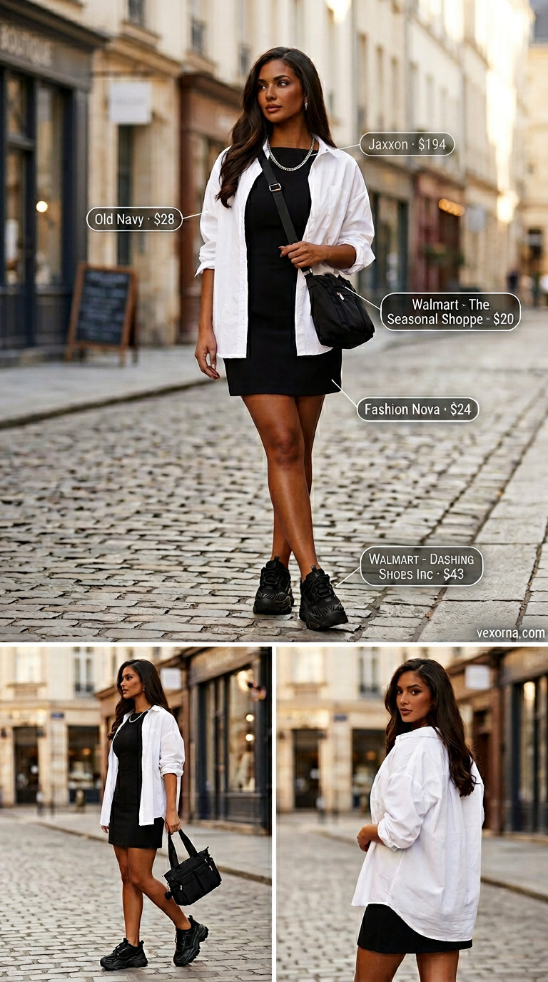 Olive green cargo shorts outfit with oversized white shirt, chunky sneakers, and utility bag.