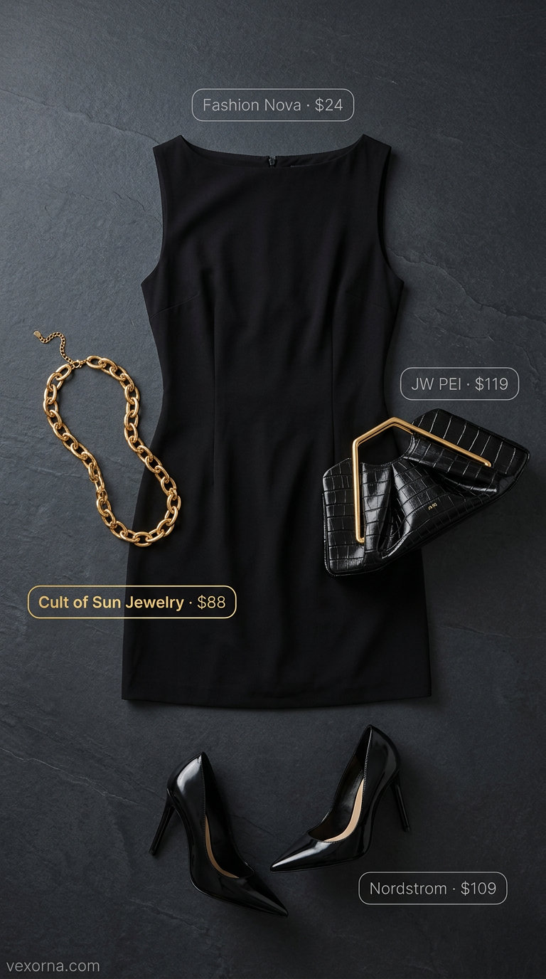 Chic black jumpsuit for women 2026, perfect for evening events with gold chain necklace and black stiletto heels.