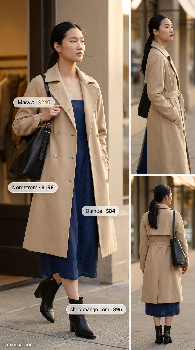 Dark wash denim trench coat over a cream dress, an alternative for summer belted dress for women 2026.