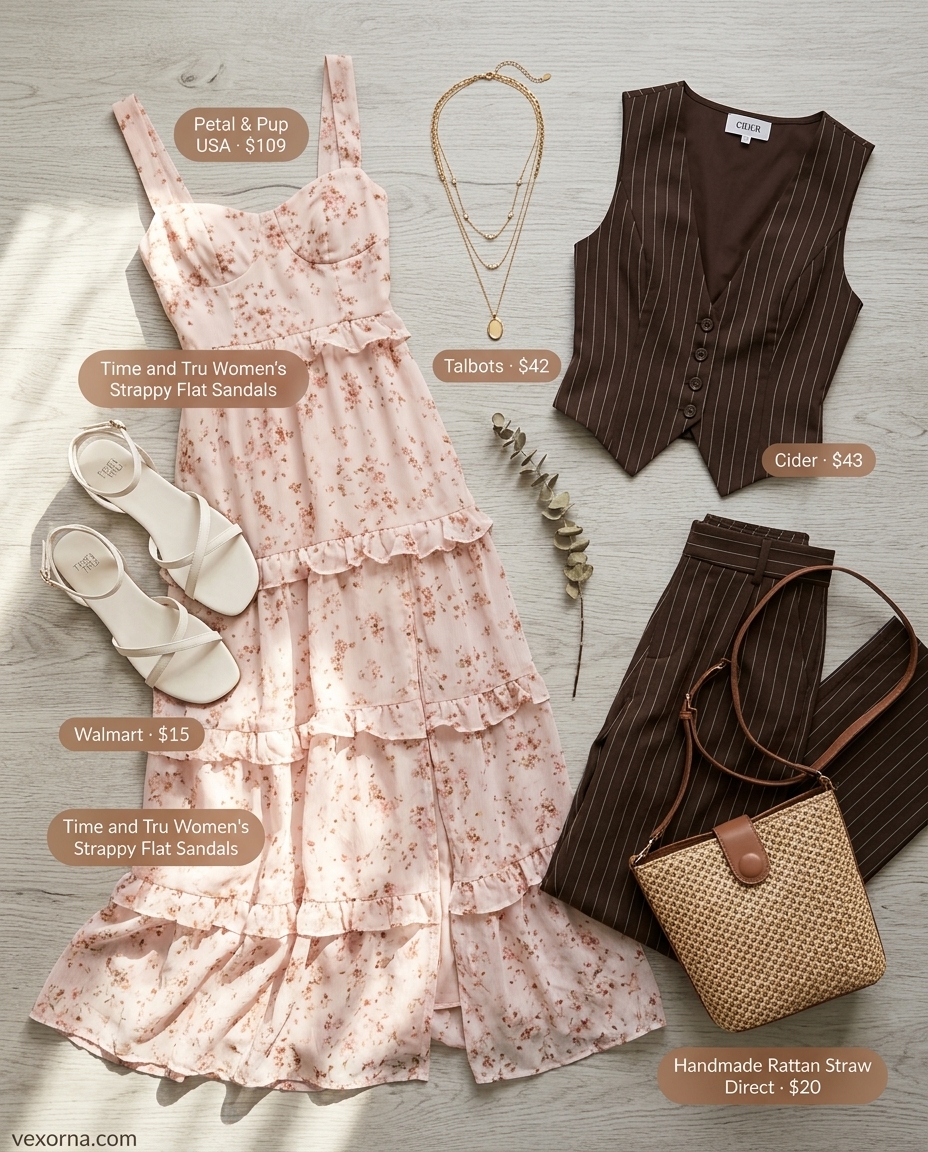 Pastel floral maxi dress, straw crossbody bag, and flat sandals for summer garden party outfits for women 2026.