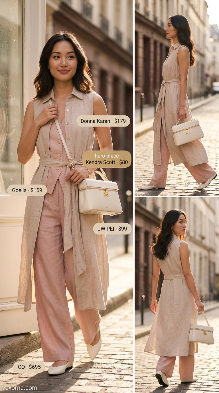 Blush pink linen shirt dress, not a linen pants matching set for women 2026, with pointed flats and top-handle bag.