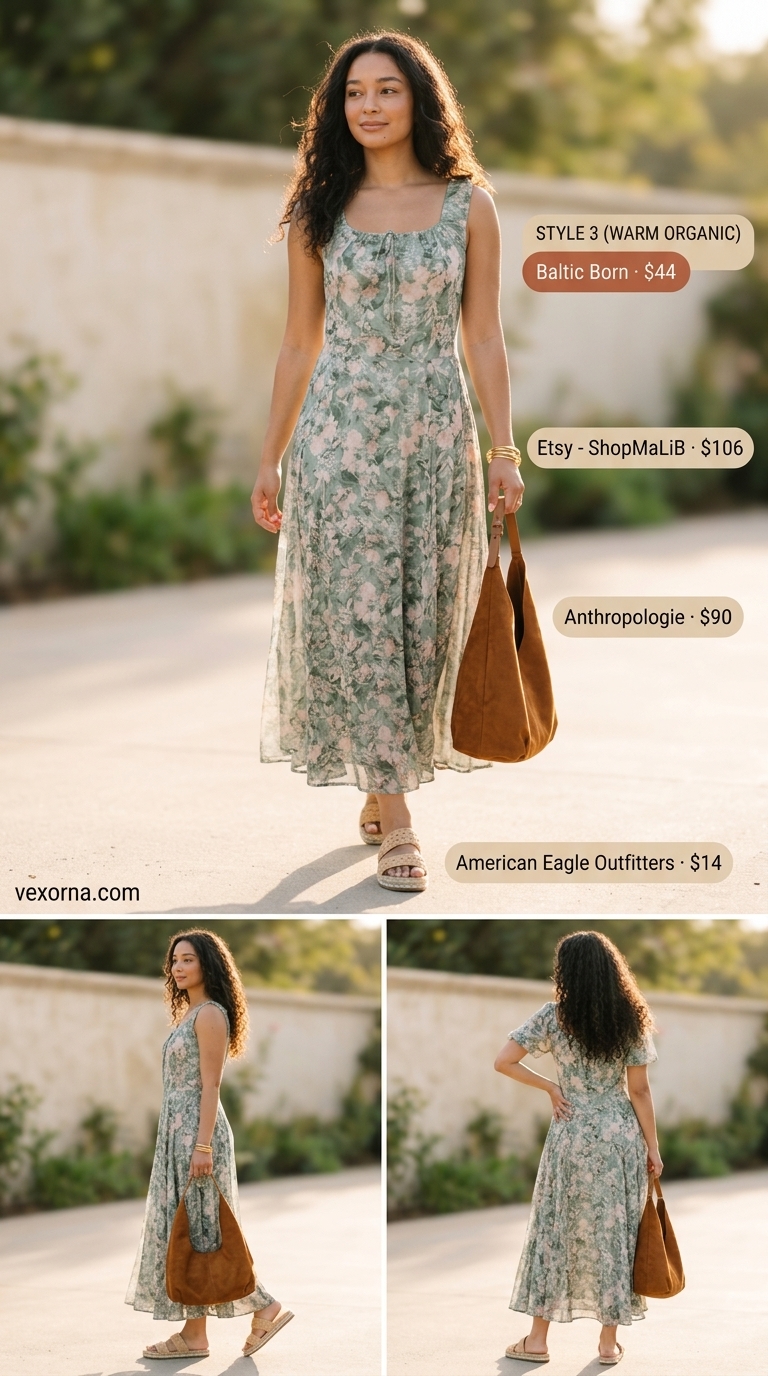 Muted floral linen maxi dress, not a linen pants matching set for women 2026, with espadrilles and hobo bag.