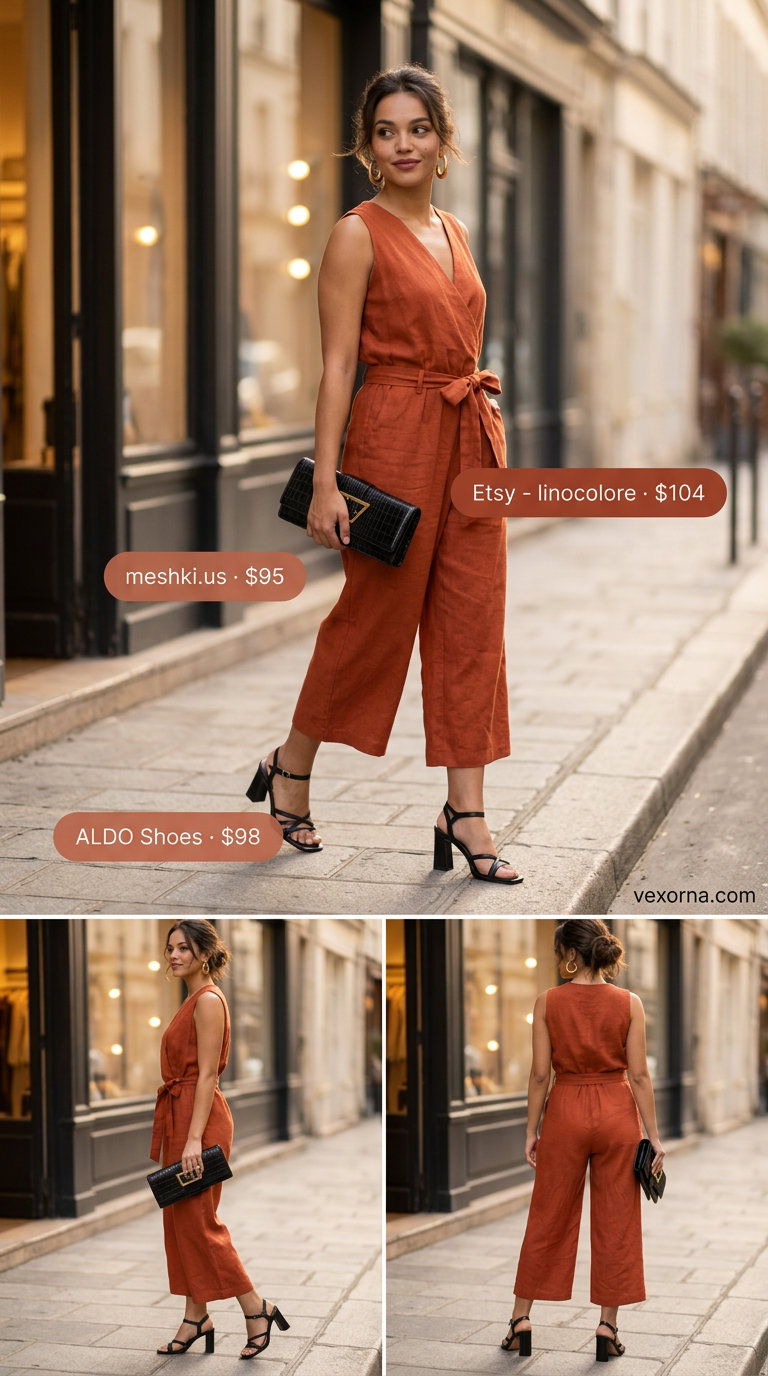 Terracotta orange linen jumpsuit matching set for women 2026: wide-leg, strappy, with gold earrings & black clutch.