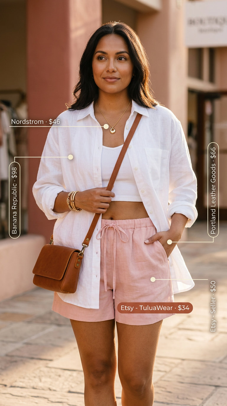 Blush pink linen shorts & white linen shirt: summer linen pants matching set for women 2026 alternative.