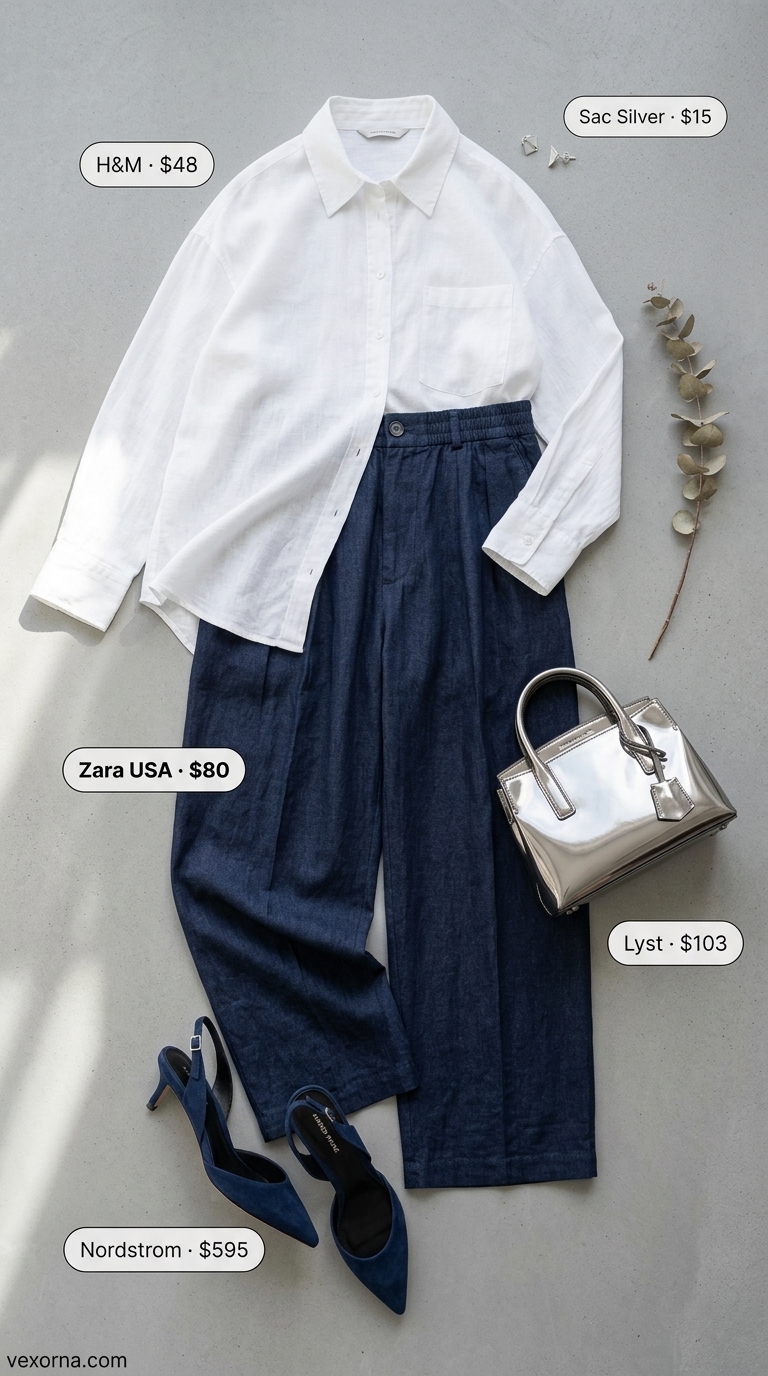 Navy blue linen pants & white shirt: summer linen pants matching set for women 2026 alternative. Chic city outfit.