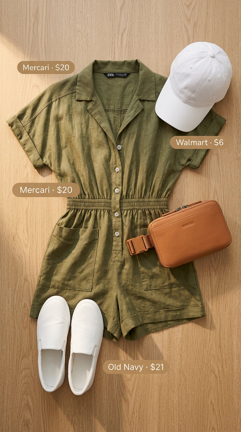 Olive green linen romper: summer linen pants matching set for women 2026 alternative. Casual day outfit.