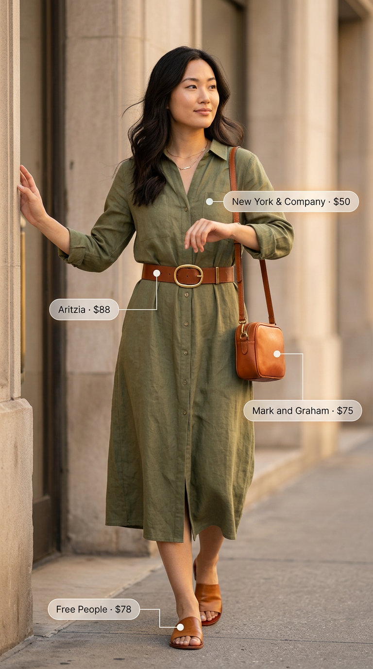 Olive green linen shirt dress: summer linen pants matching set for women 2026 alternative. Chic work from home style.