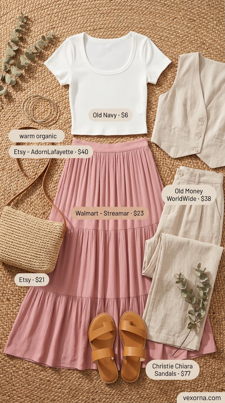 Coral pink linen maxi skirt, not a linen pants matching set for women 2026, with knit crop top and sandals.