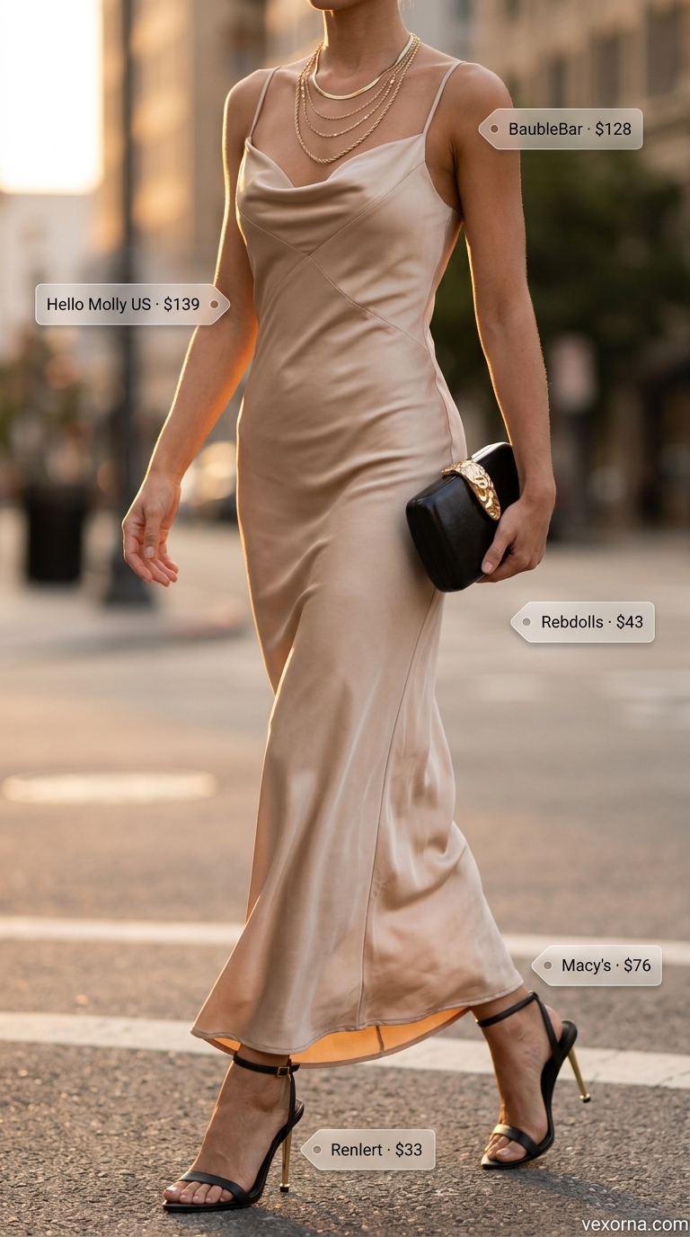 Elegant summer slip dress outfits 2026 in champagne satin with black heels and layered gold necklaces for evening.