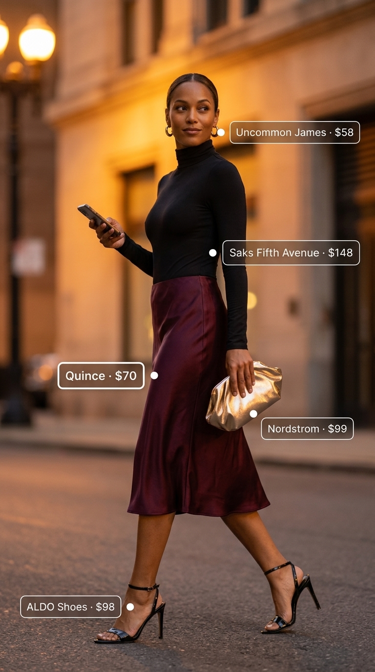 Baggy summer streetwear for women 2026: Burgundy satin midi skirt, black bodysuit, gold earrings, and heeled sandals for evening.