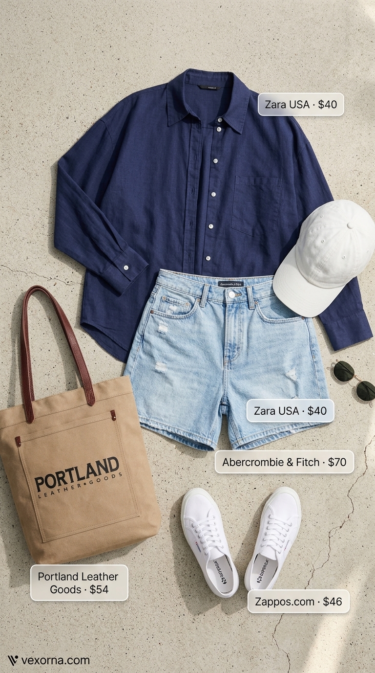 Baggy summer streetwear for women 2026: Denim shorts, oversized navy shirt, white sneakers, and tan tote for weekend casual.