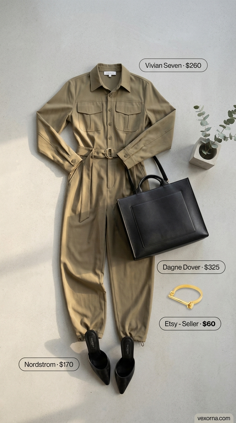 Baggy summer streetwear for women 2026: Khaki utility jumpsuit, black tote, gold bracelet, and heeled mules for smart casual.