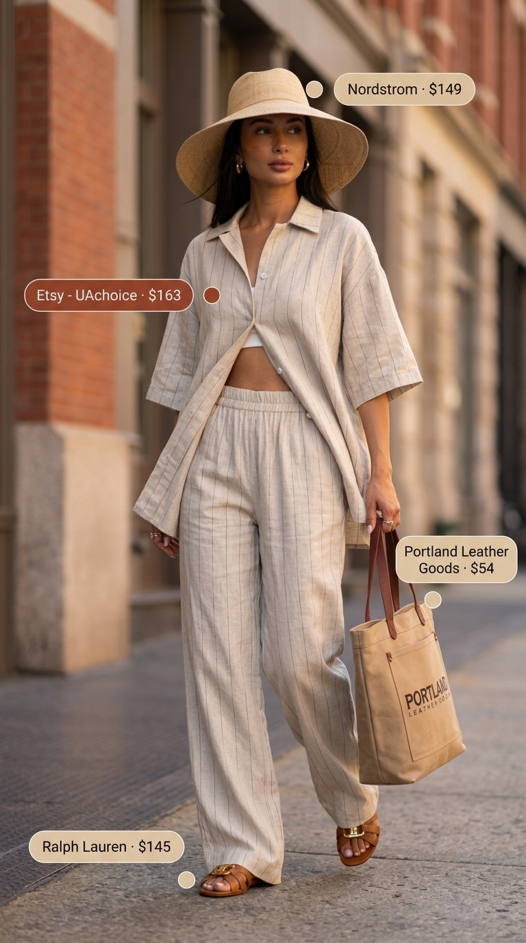 Baggy summer streetwear for women 2026: Linen set, straw hat, leather sandals, and canvas tote for a relaxed vacation vibe.