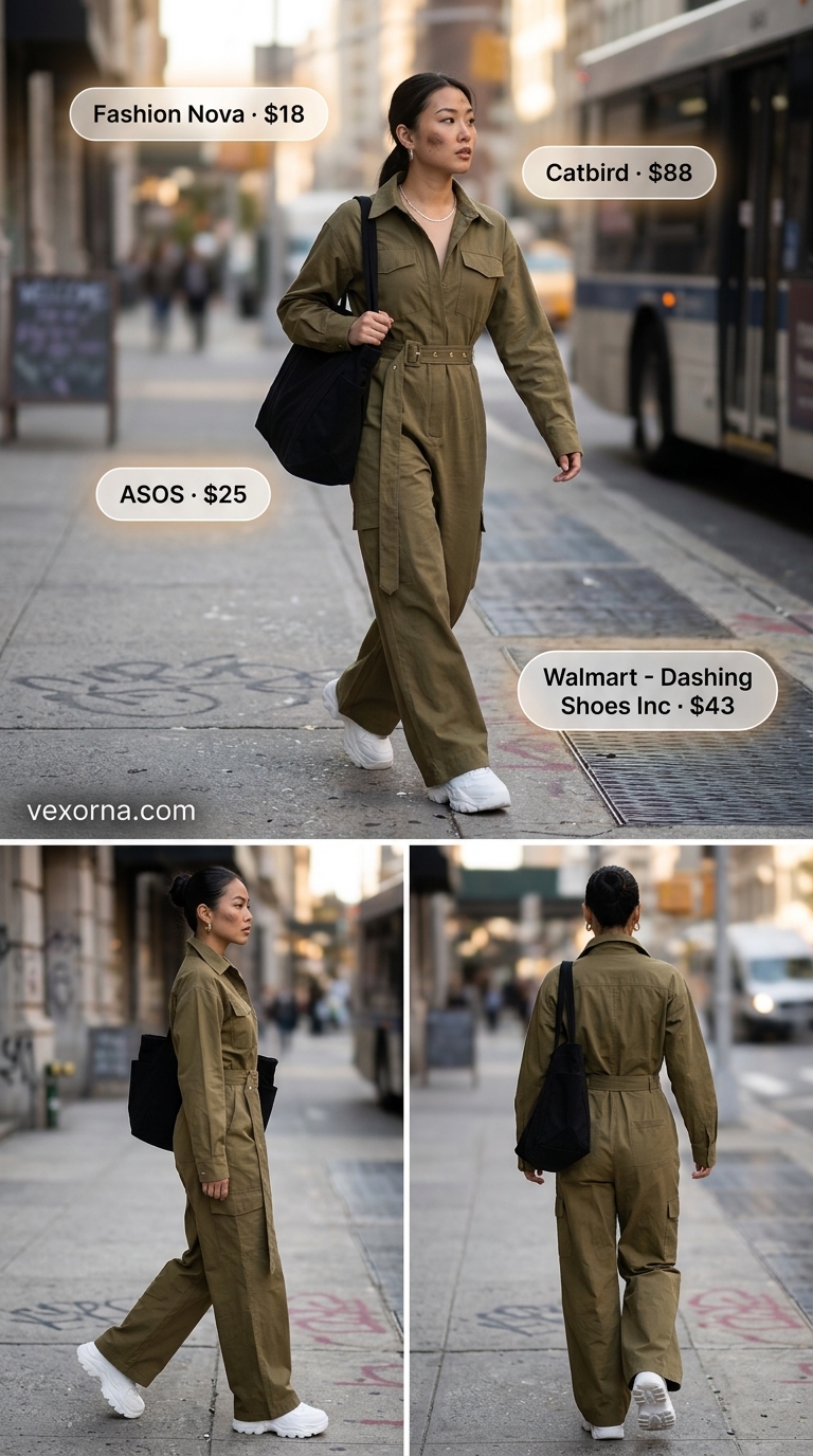 Baggy summer streetwear for women 2026: Olive green utility jumpsuit, chunky sneakers, canvas tote, and silver necklace.