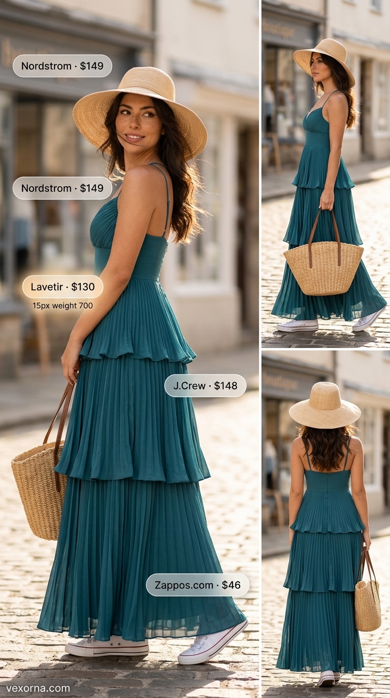 Baggy summer streetwear for women 2026: Teal maxi dress, straw hat, tote bag, and white sneakers for a casual beach town day.