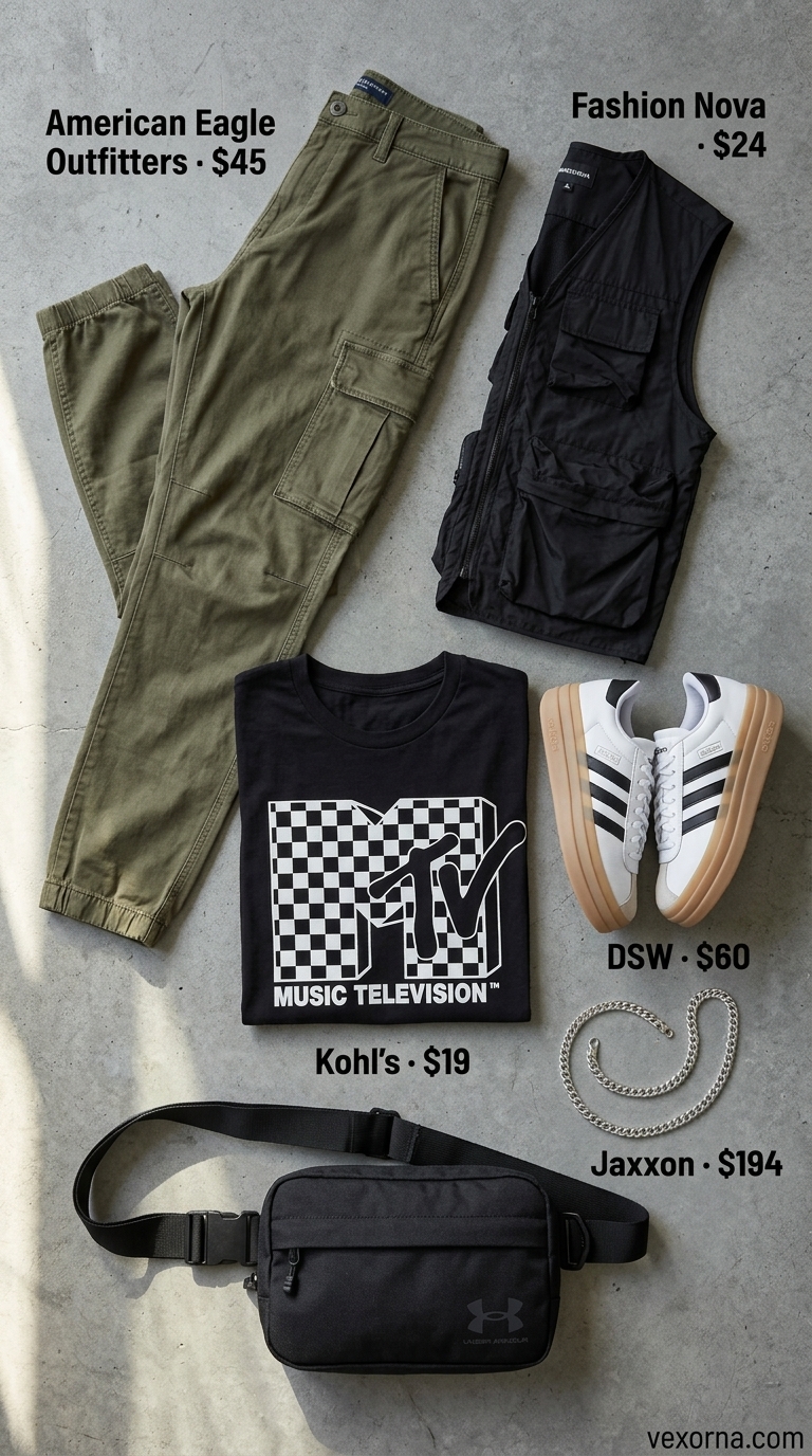 Baggy summer streetwear for women 2026: Cargo pants, graphic tee, utility vest, sneakers, and crossbody bag for a street-smart look.