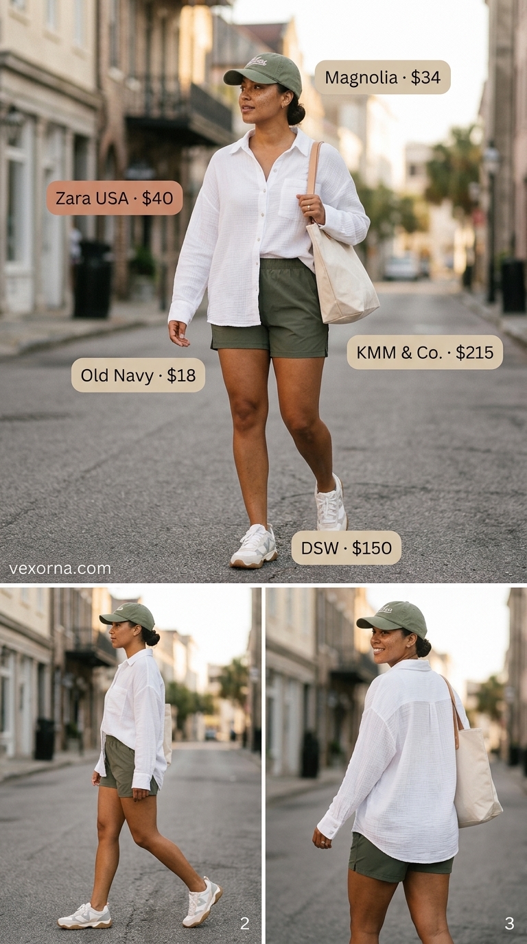 Baggy summer streetwear for women 2026: Olive green shorts, white oversized shirt, tan tote, sneakers.