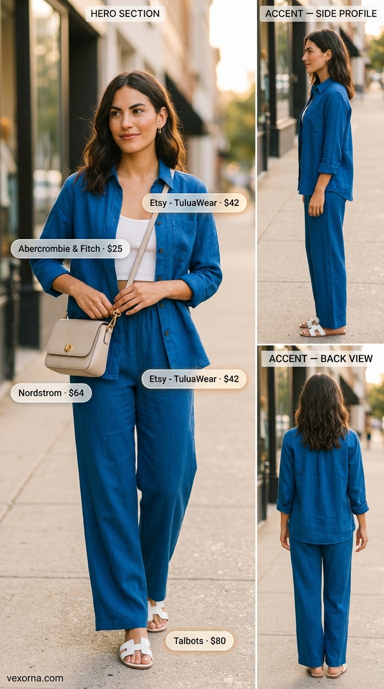 Baggy summer streetwear for women 2026: Cobalt blue linen set, white tank, white slides, gold hoops.