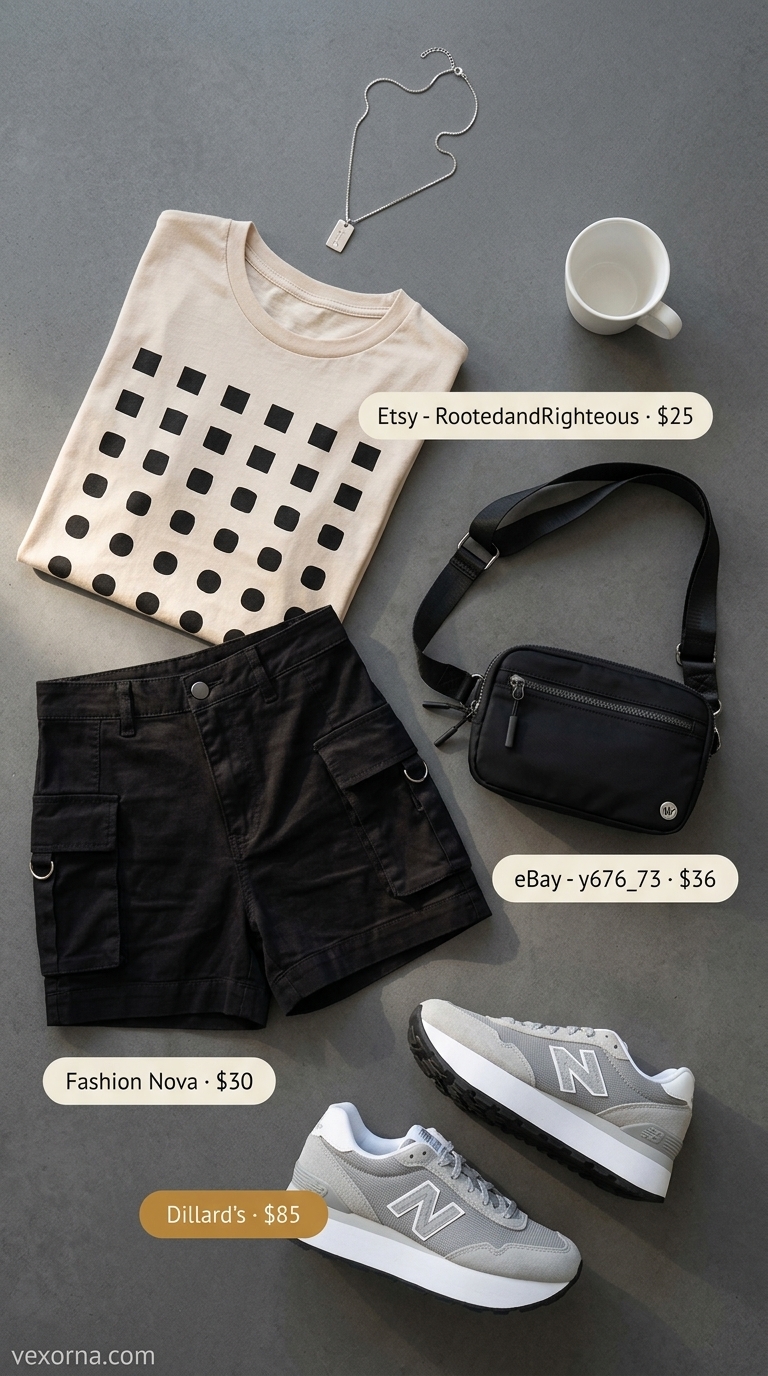 Baggy summer streetwear for women 2026: Grey graphic tee, black cargo shorts, chunky sneakers, silver chain.