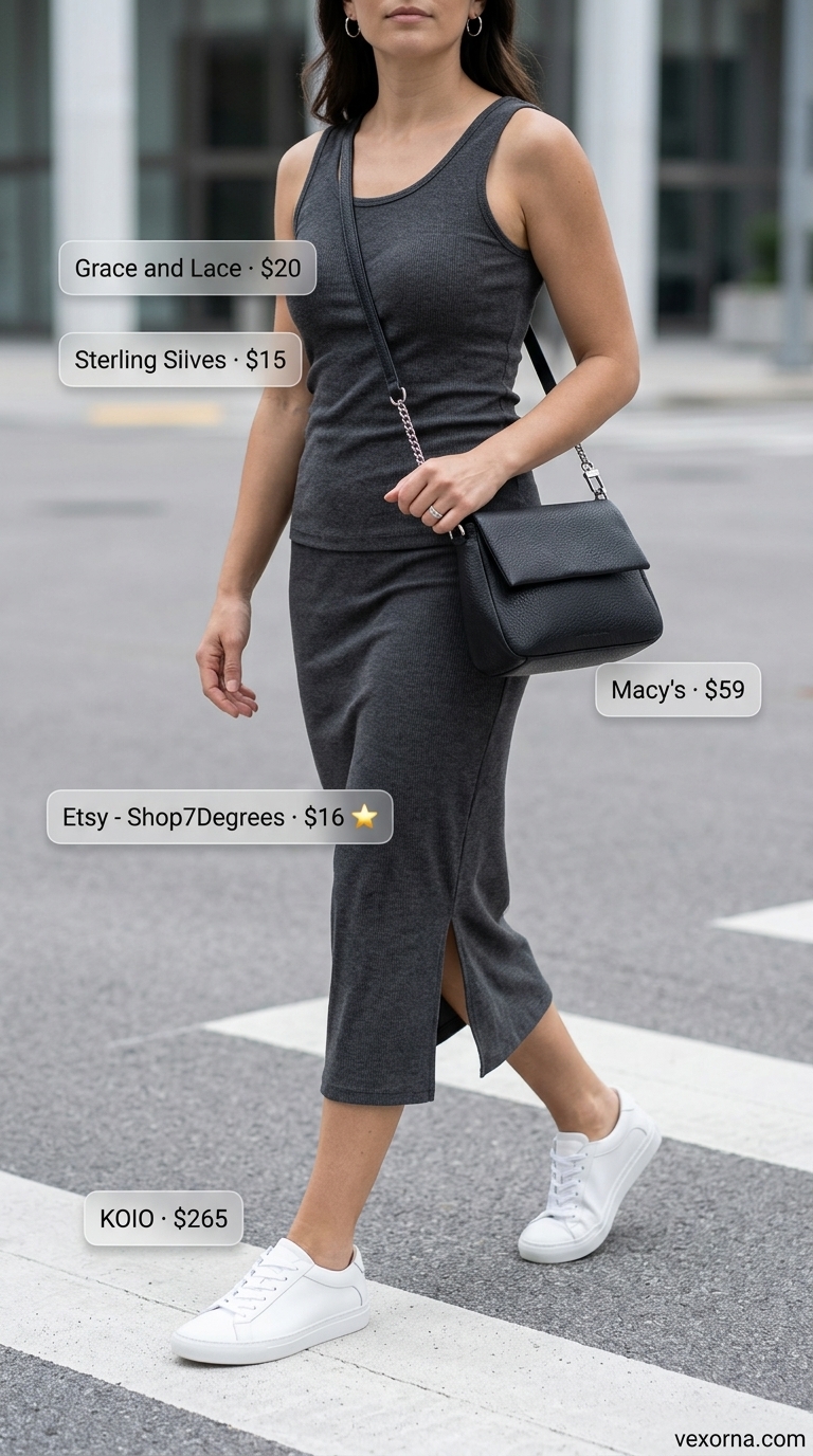 Baggy summer streetwear for women 2026: Charcoal grey midi skirt, ribbed top, white sneakers.