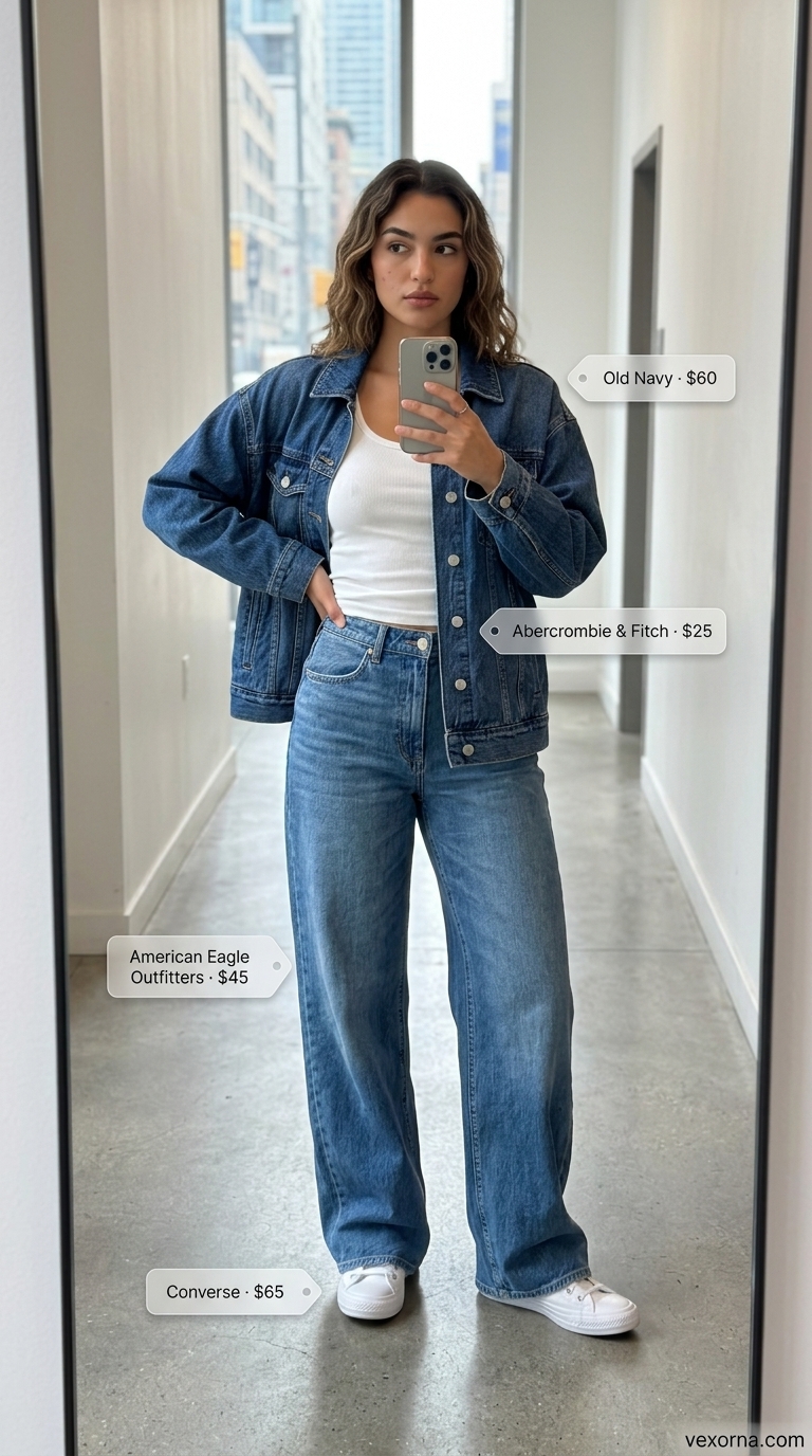 Baggy summer streetwear for women 2026: Denim jacket, baggy jeans, white tank, sneakers.