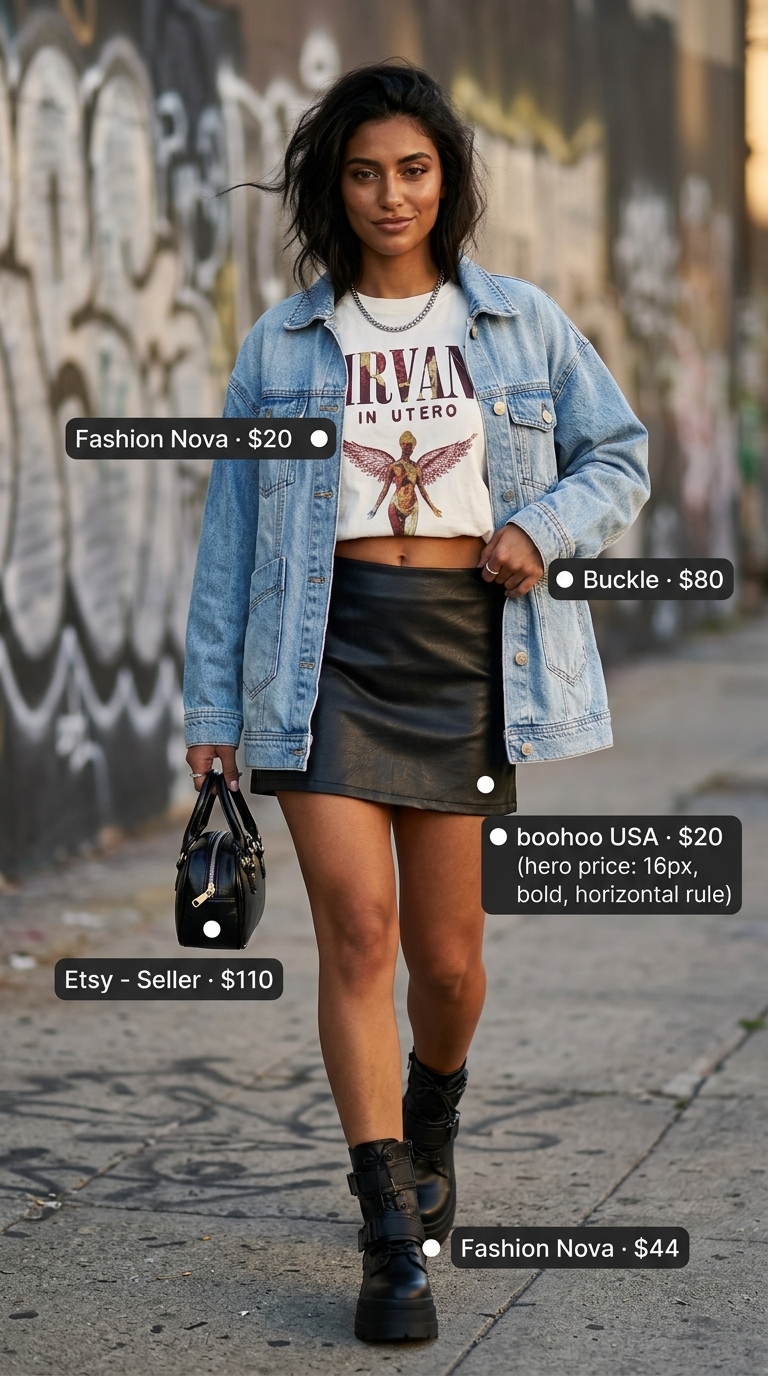 Baggy summer streetwear for women 2026: Faux leather skirt, band tee, denim jacket, combat boots, crossbody.