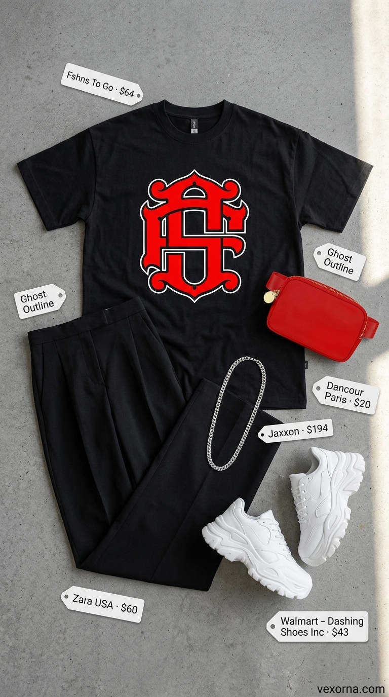 Baggy summer streetwear for women 2026: Black wide-leg trousers, graphic tee, red belt bag, chunky sneakers.