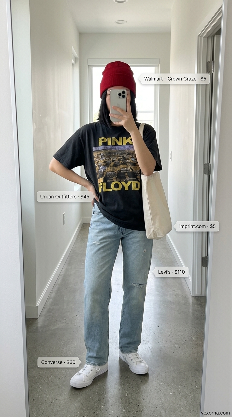 Baggy summer streetwear for women 2026: Graphic tee, baggy jeans, red beanie, canvas tote.