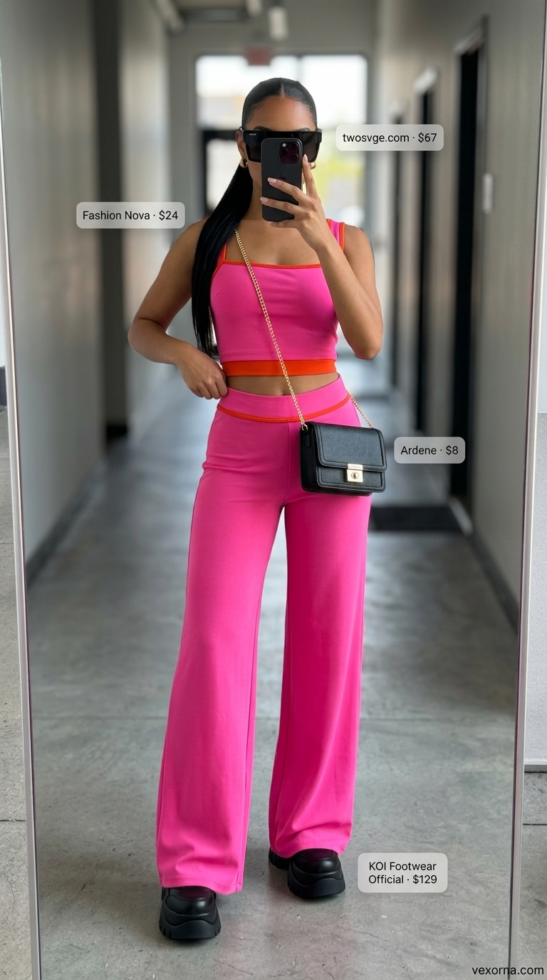 Baggy summer streetwear for women 2026: Hot pink palazzo pants set, black sneakers, sunglasses.