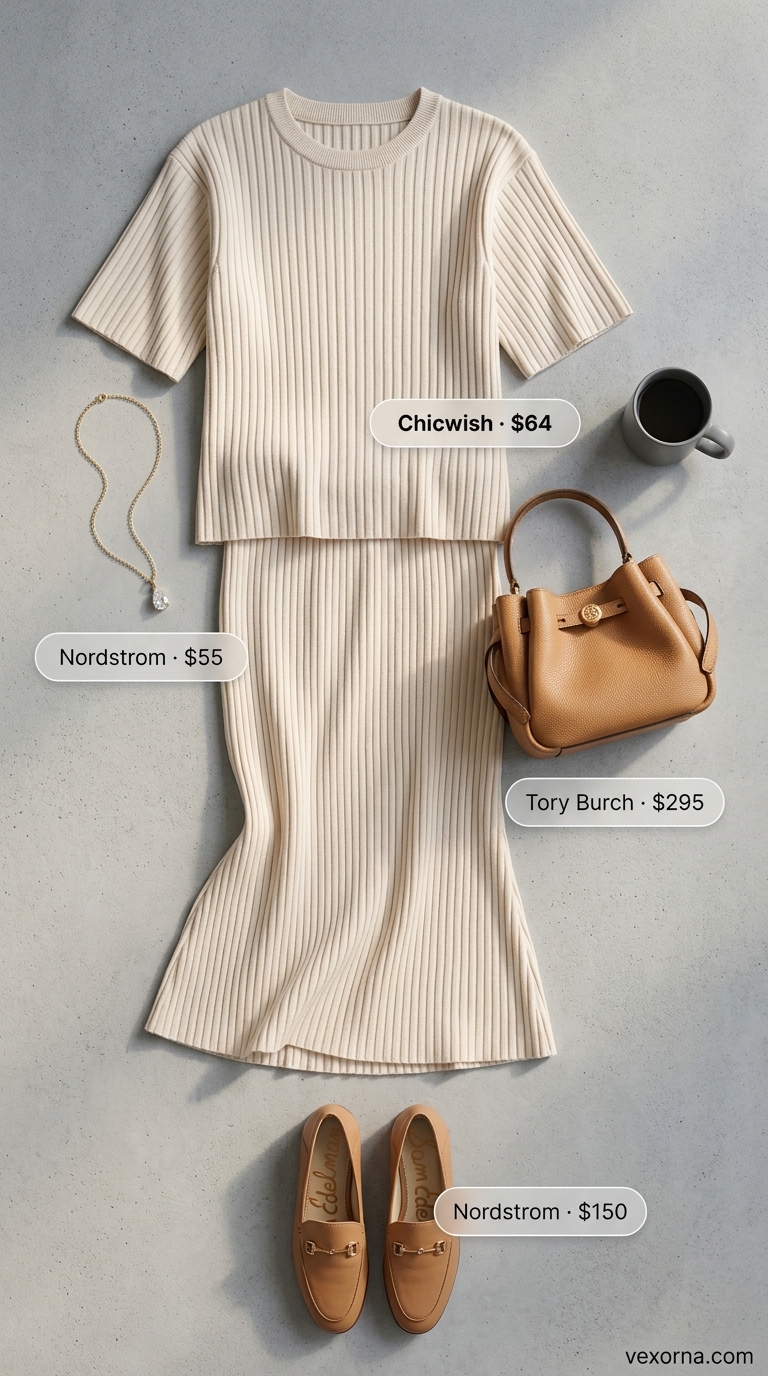 Baggy summer streetwear for women 2026: Cream knit set, beige loafers, light brown bucket bag.
