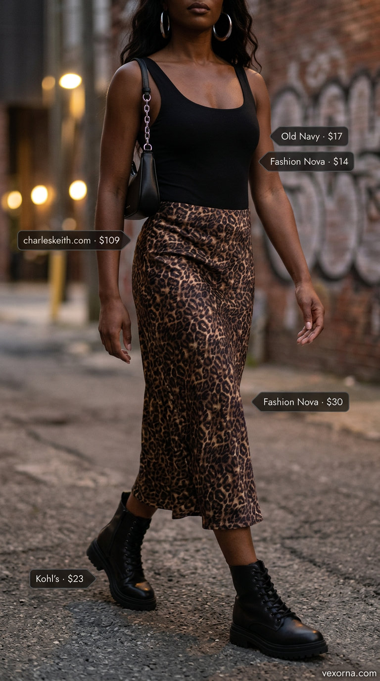 Baggy summer streetwear for women 2026: Leopard skirt, black bodysuit, combat boots.