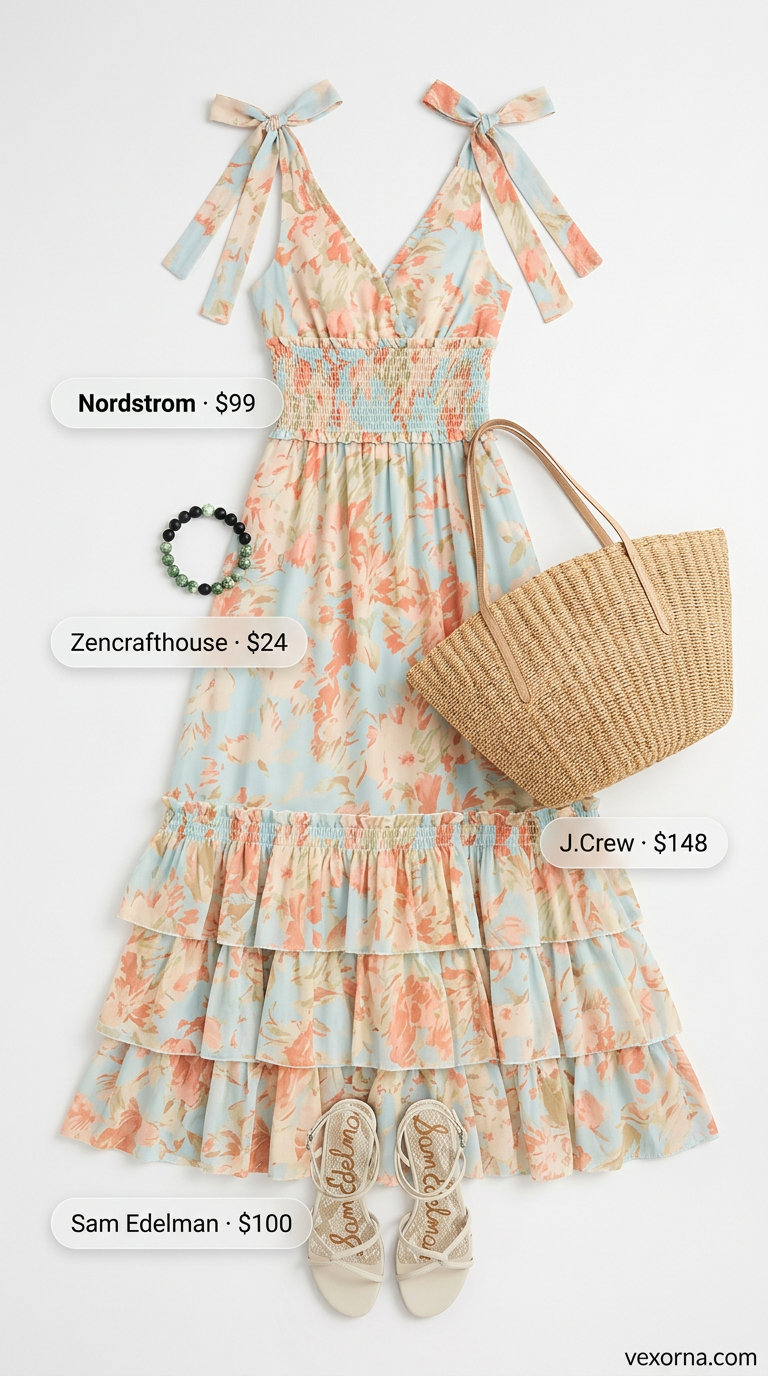 Baggy summer streetwear for women 2026: Coral floral maxi dress, straw tote, leather sandals.