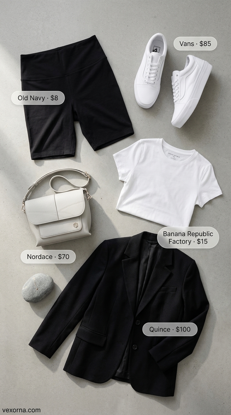 Baggy summer streetwear for women 2026: Black oversized blazer, grey biker shorts, white tee, sneakers.
