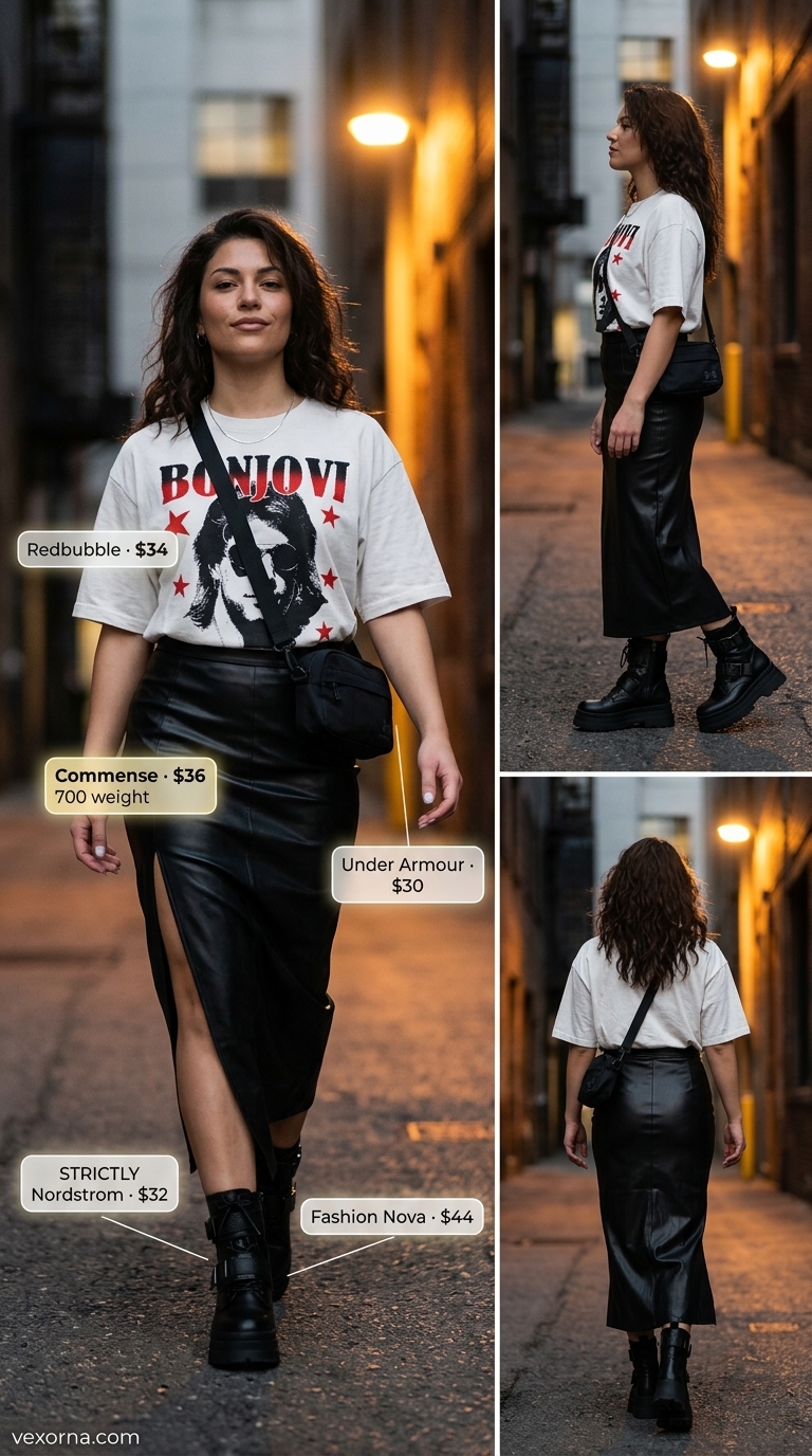 Baggy summer streetwear for women 2026: Faux leather skirt, oversized graphic tee, combat boots, belt bag.