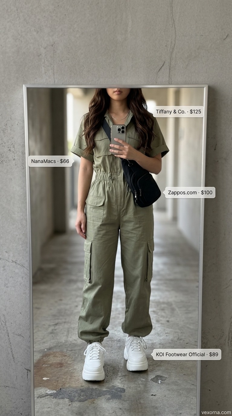 Baggy summer streetwear for women 2026: Khaki utility jumpsuit, white chunky sneakers, black crossbody.