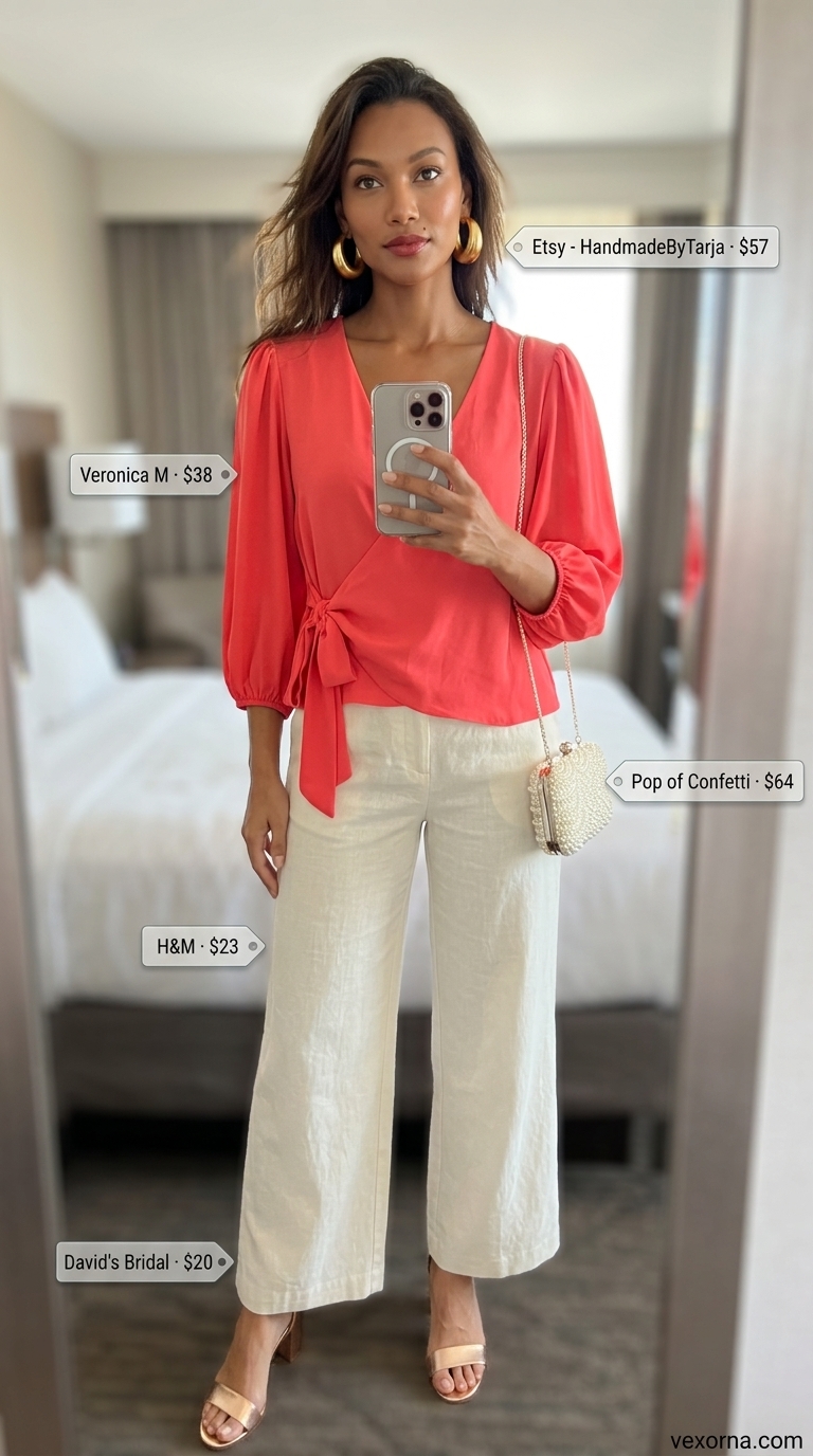 Vibrant coral wrap blouse, cream palazzo pants, and gold statement earrings for beachside dinner outfits 2026.