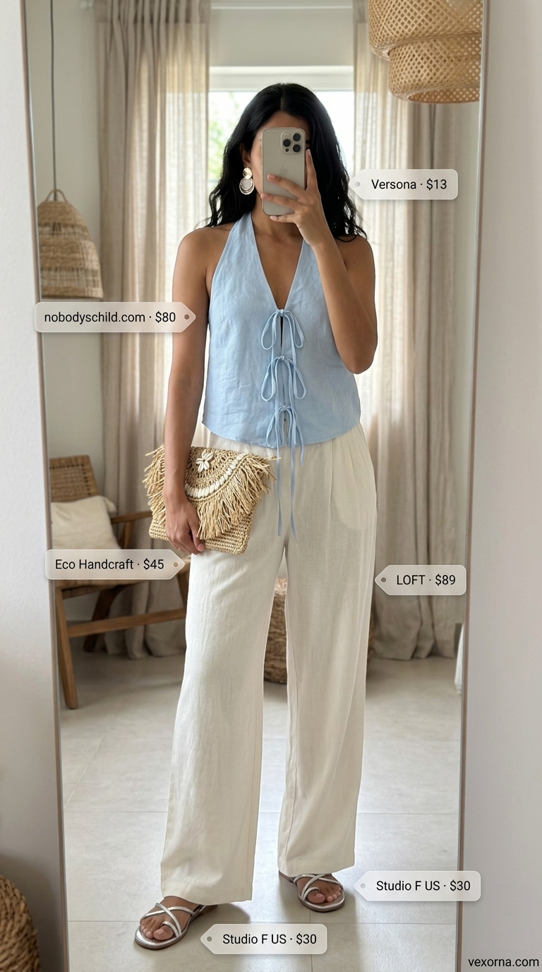 Boho Summer Halter Top Outfits 2026: Azure Escape Boho summer halter top outfits 2026: Sky blue linen halter top with white wide-leg trousers for resort wear.