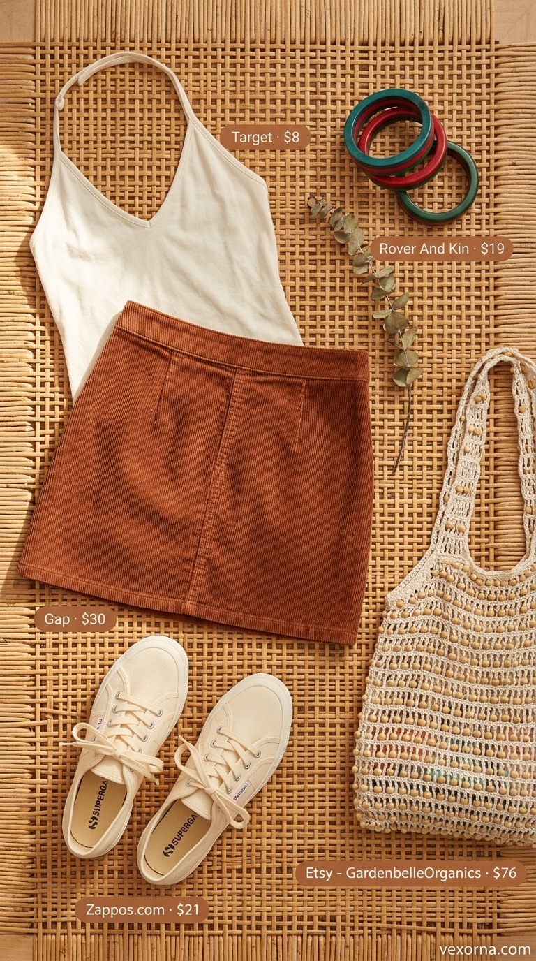Boho Summer Halter Top Outfits 2026: Mini Skirt Style Boho summer halter top outfits 2026: Oatmeal halter top with terracotta corduroy mini skirt, sneakers, and wood bracelets.