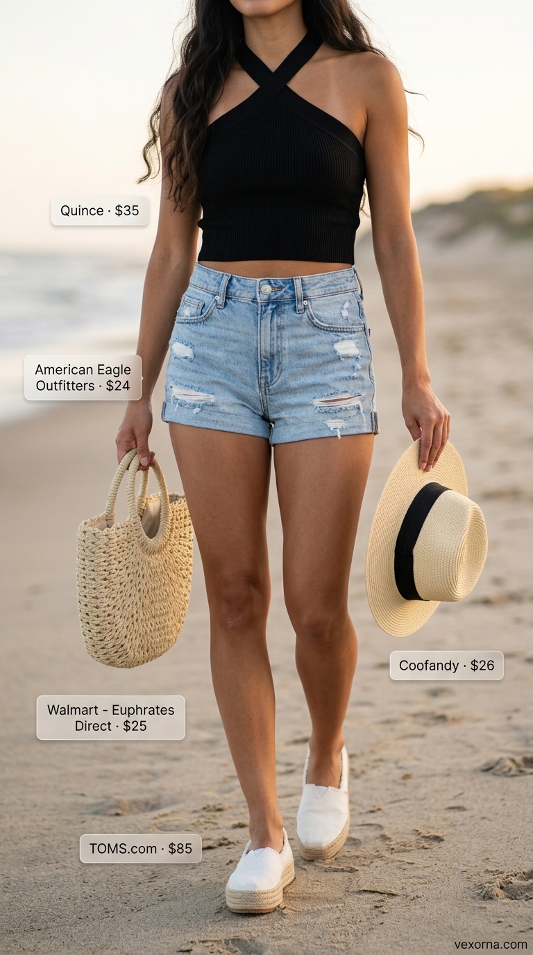 Boho Summer Halter Top Outfits 2026: Casual Beach Day Boho summer halter top outfits 2026: Oatmeal knit halter top with distressed denim shorts, espadrilles, and straw tote.