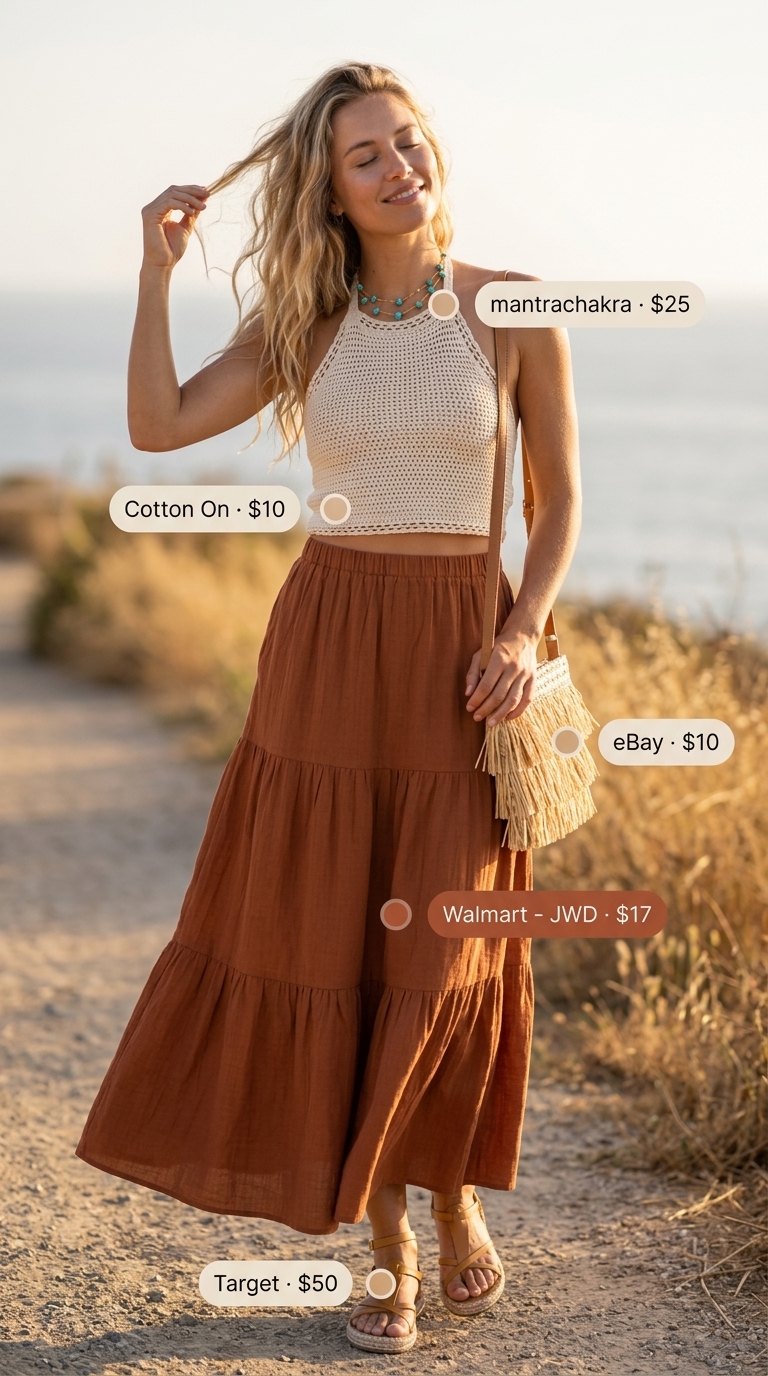 Boho Summer Halter Top Outfits 2026: Festival Flow Boho summer halter top outfits 2026: Cream crochet halter top with terracotta tiered maxi skirt for festivals.