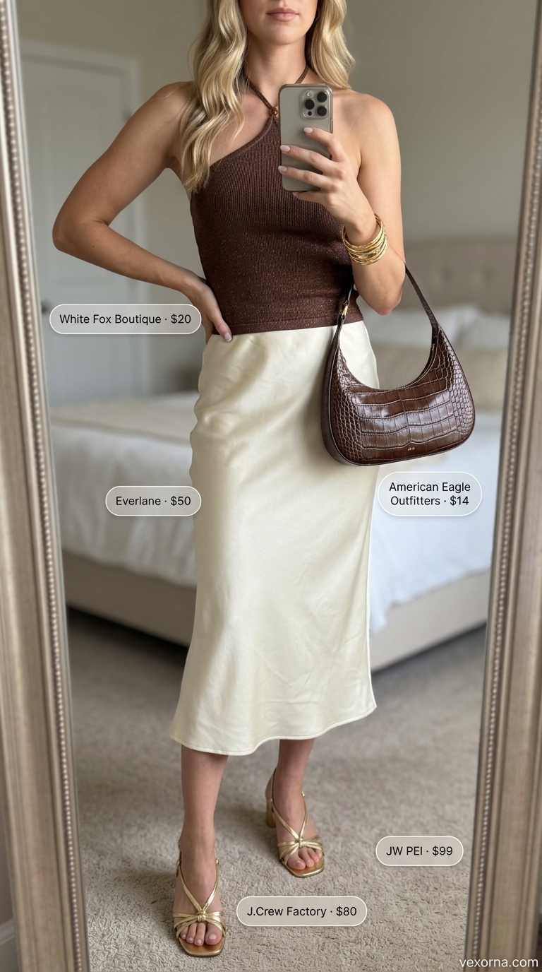 Boho Summer Halter Top Outfits 2026: Earthy Luxe Boho summer halter top outfits 2026: Chocolate brown knit halter top with beige silk slip skirt for date night.