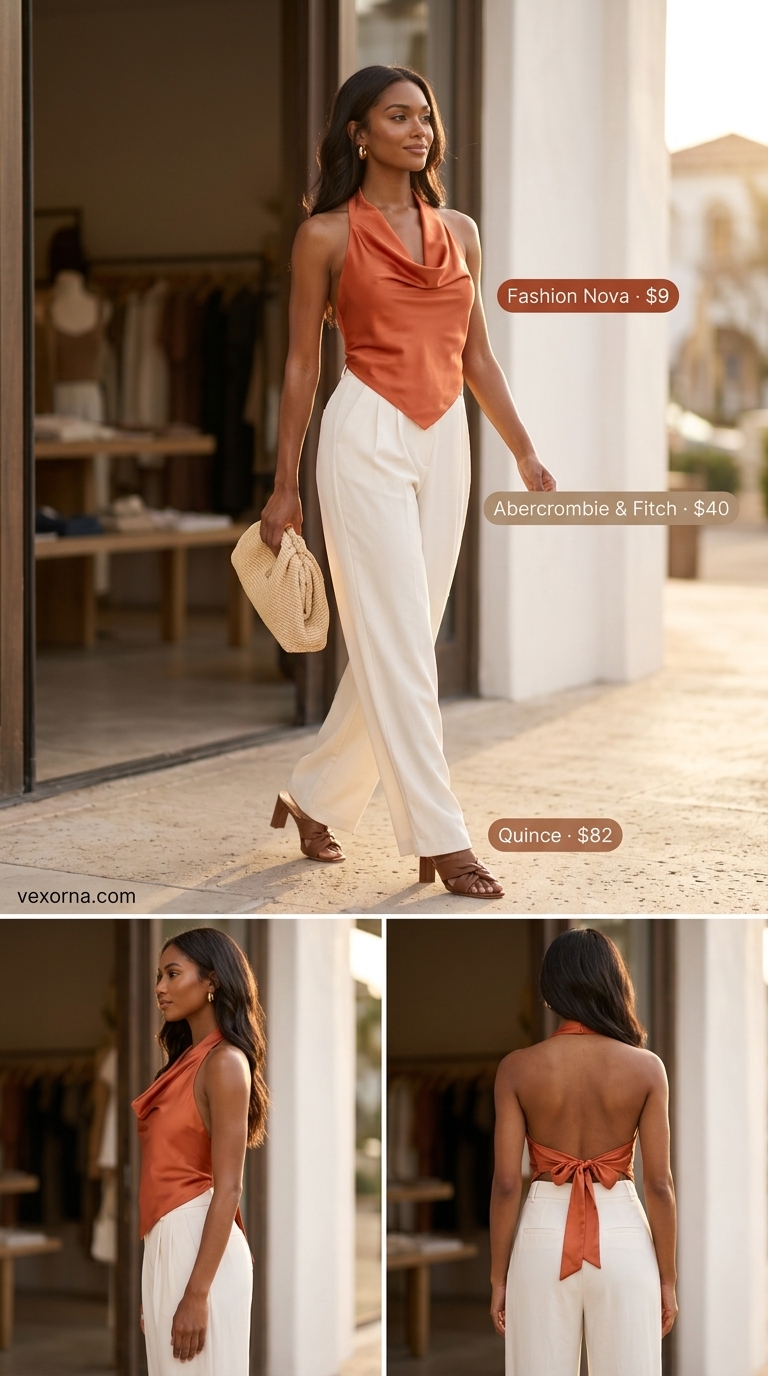 Boho Summer Halter Top Outfits 2026: Desert Nights Boho summer halter top outfits 2026: Burnt orange satin halter top with cream wide-leg trousers for date night.