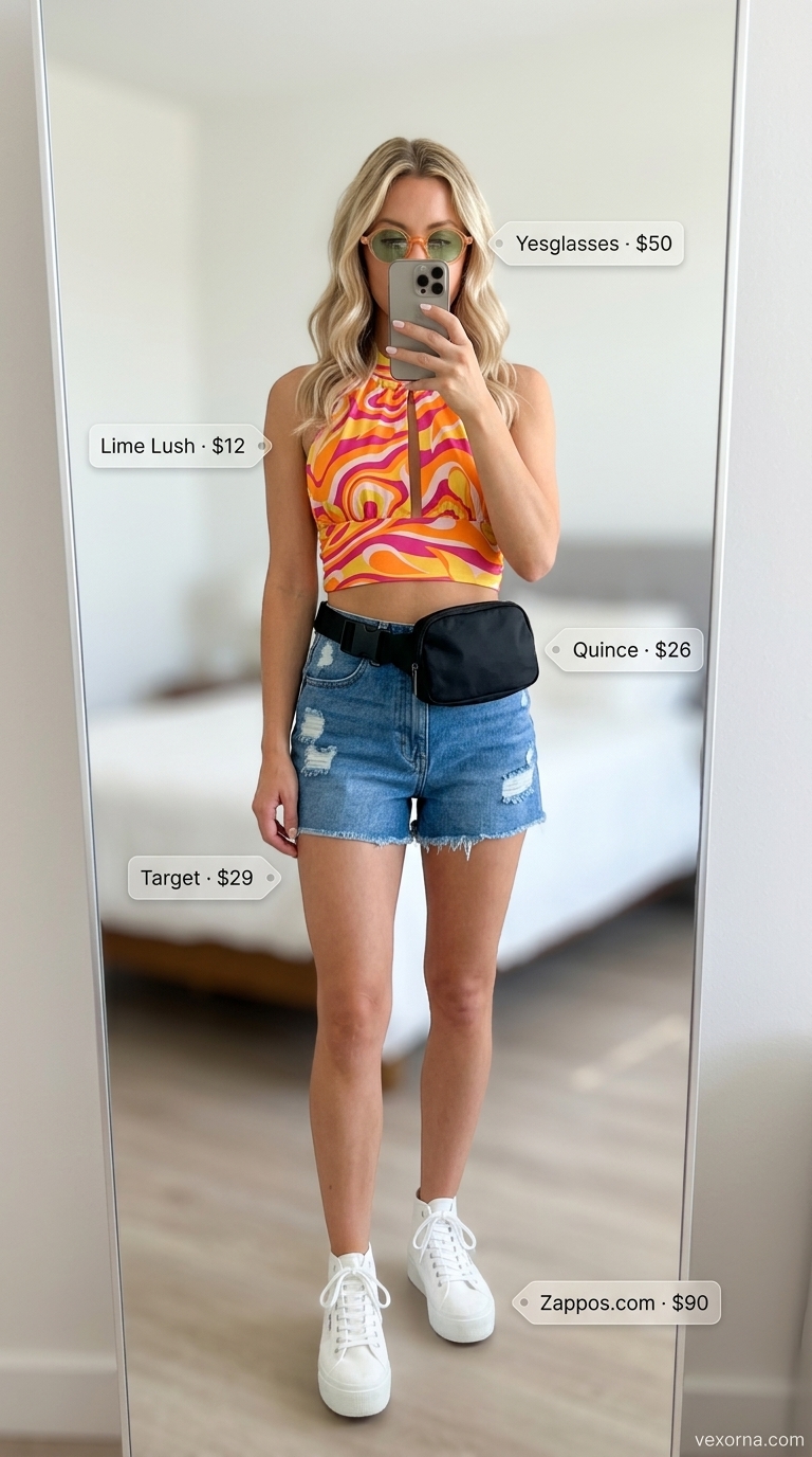 Boho Summer Halter Top Outfits 2026: Festival Free Spirit Boho summer halter top outfits 2026: Sunset orange tie-dye halter top with distressed denim shorts for festivals.