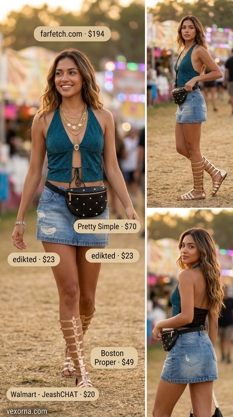Boho Summer Halter Top Outfits 2026: Festival Style Boho summer halter top outfits 2026: Teal embroidered halter top, denim mini skirt, gold gladiator sandals for festivals.