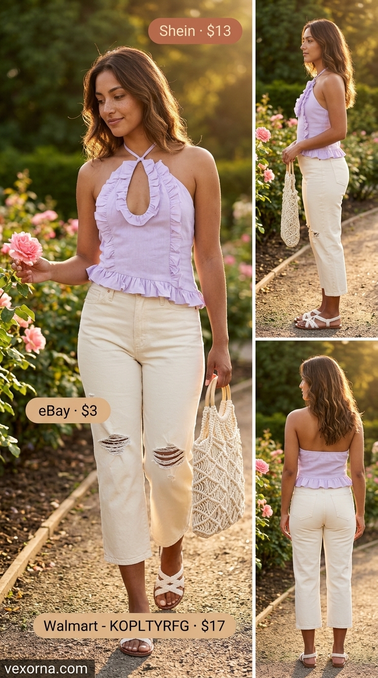 Boho summer halter top outfits 2026: Lavender ruffled halter top with cropped jeans for a garden party.