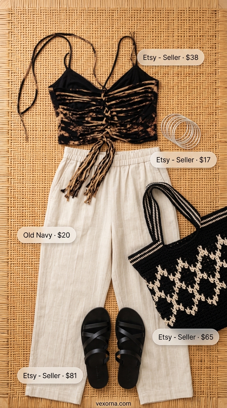 Boho Summer Halter Top Outfits 2026: Chic Evening Boho summer halter top outfits 2026: Black macrame halter top with beige linen pants, leather slides, and market tote.