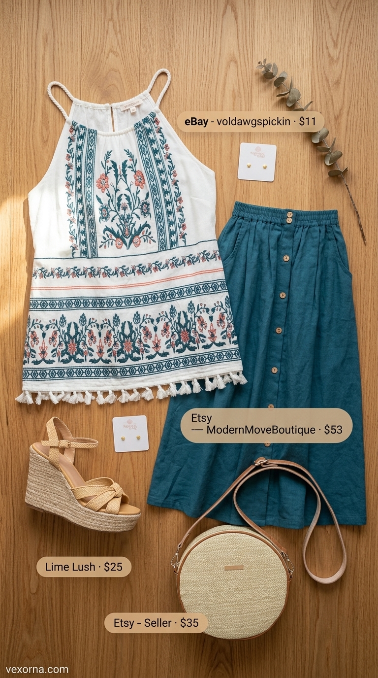 Boho Summer Halter Top Outfits 2026: Vacation Vibes Boho summer halter top outfits 2026: Teal embroidered halter top with linen midi skirt for vacation.