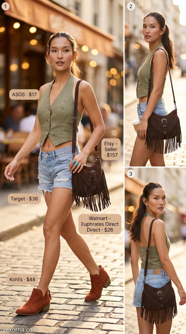 Boho Summer Halter Top Outfits 2026: Oasis Explorer Boho summer halter top outfits 2026: Olive green linen halter top with distressed denim shorts for day trips.