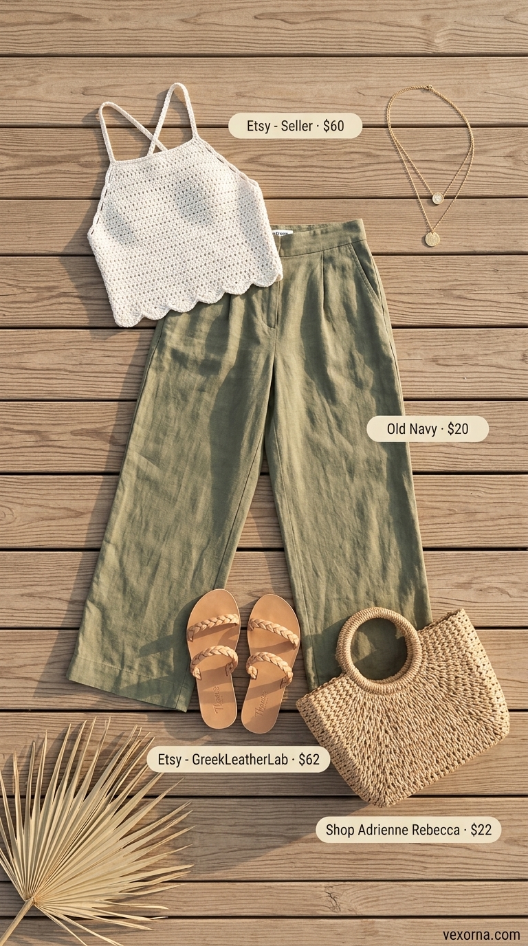 Boho Summer Halter Top Outfits 2026: Relaxed Resort Boho summer halter top outfits 2026: Cream crochet halter top with olive green linen pants, braided sandals, and straw tote.