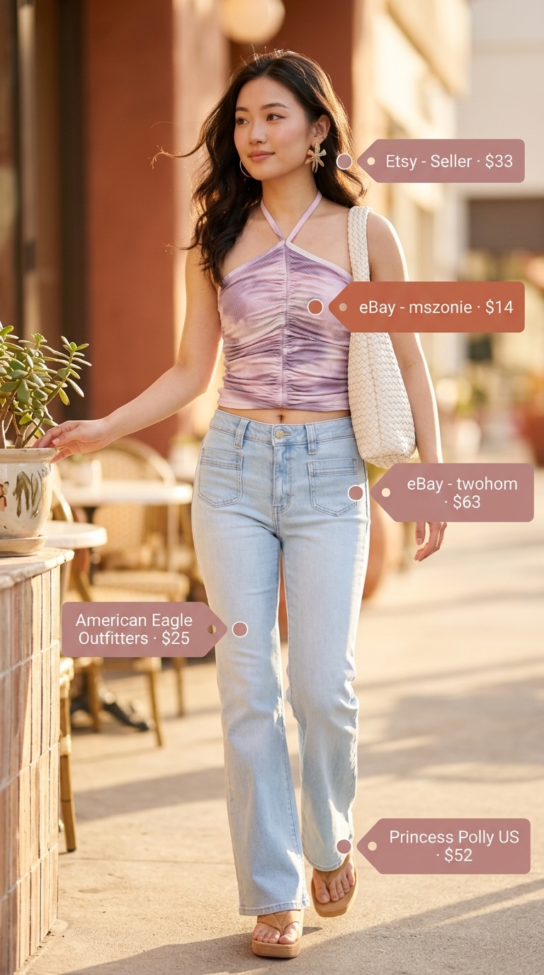Boho Summer Halter Top Outfits 2026: Retro Fun Boho summer halter top outfits 2026: Lavender tie-dye halter top with flare jeans for a retro vibe.